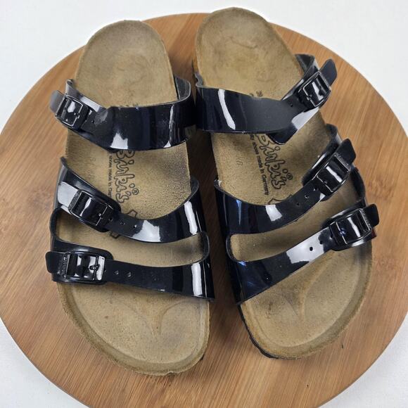 Birki's Sandals Womens Size 8 Black Patent Triple Strap Cork Footbed Shoes - Picture 8 of 13